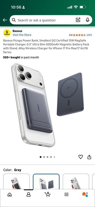 Baseus Picogo Power Bank, Smallest Qi2 Certified 15W MagSafe Portable Charger, 0.5 Ultra Slim 5000mAh Magnetic Battery Pack with Stand, Alloy Wireless Charger for iPhone 17 Pro Max/17 Air/16 Series