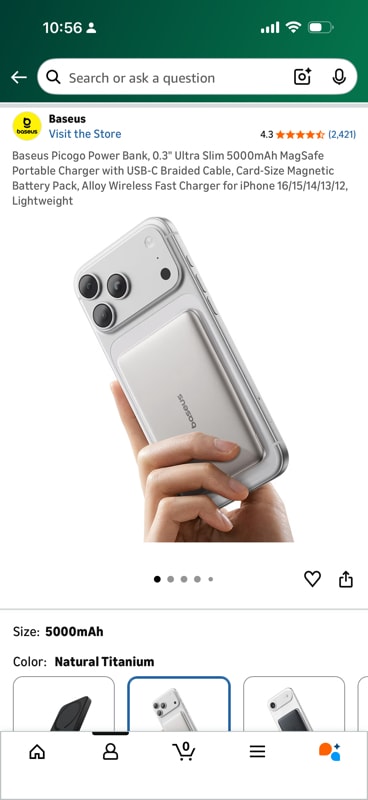 Baseus Picogo Power Bank, 0.3 Ultra Slim 5000mAh MagSafe Portable Charger with USB-C Braided Cable, Card-Size Magnetic Battery Pack, Alloy Wireless Fast Charger for iPhone 16/15/14/13/12, Lightweight