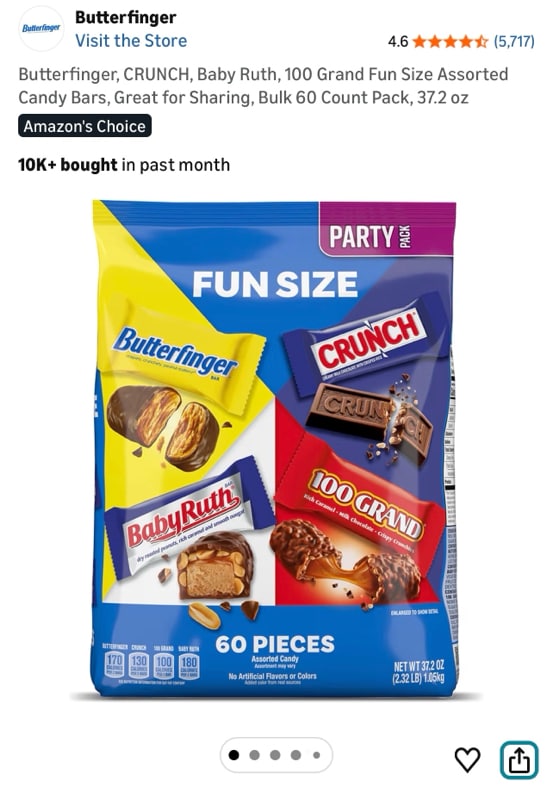 Butterfinger, CRUNCH, Baby Ruth, 100 Grand Fun Size Assorted Candy Bars