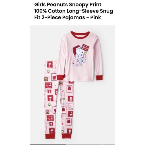 Girls Peanuts Snoopy Print Cotton Long Sleeve Snug Fit 2Piece Pajamas  Pink