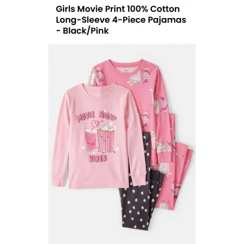 Girls Movie Print Cotton LongSleeve 4Piece Pajamas