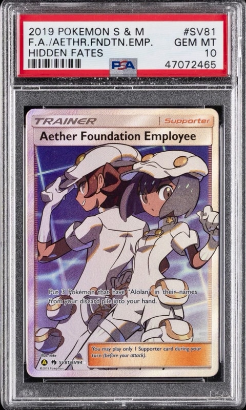 2019 POKEMON SUN and MOON HIDDEN FATES FULL ART/AETHER FOUNDATION EMPLOYEE PSA 10