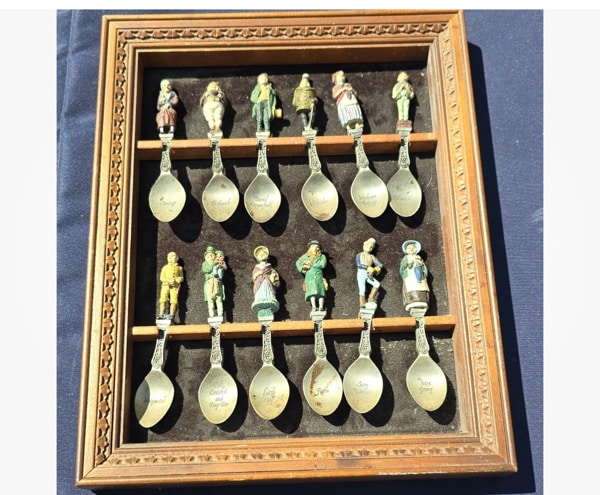 1981 Collectible Metal Novelty Spoons Set with Decorative Figures in Display Case
