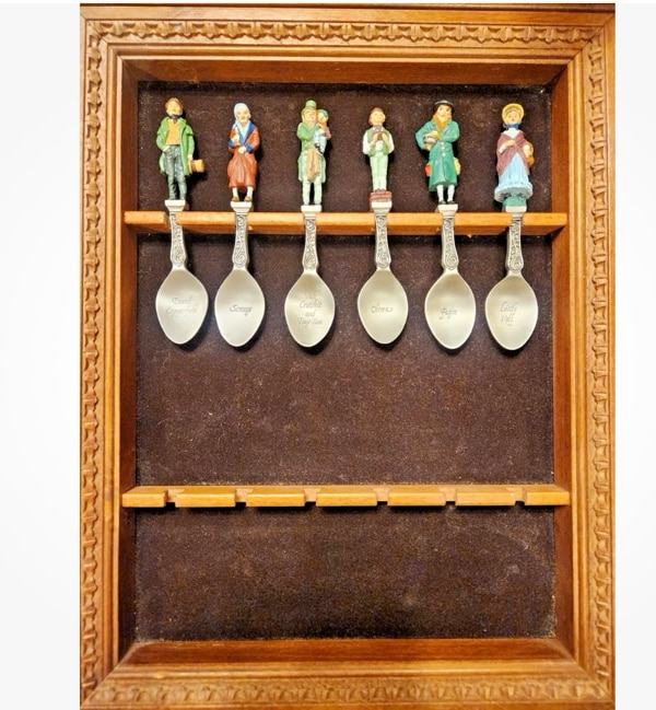 1981 FRANKLIN MINT CHARLES DICKENS CHARACTERS HAND PAINTED PEWTER  6 SPOON COLLECTION