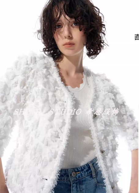 韩单LAN~流苏毛毛短袖夹克夏季小香风外套薄款五分袖开衫WJC442W [交易快照]