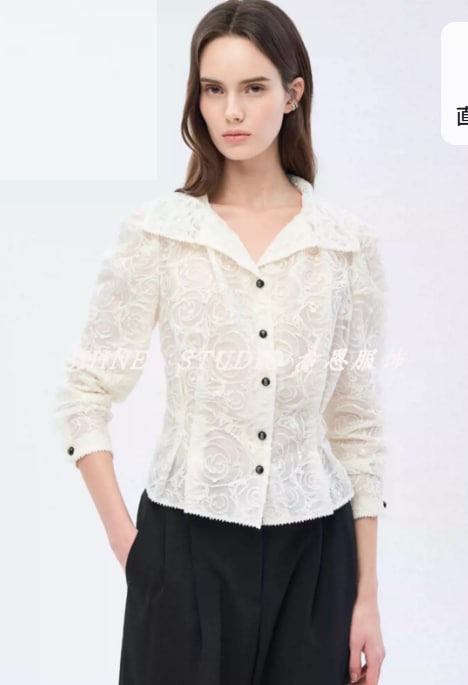 韩单OBZ~法式重工刺绣翻领衬衫女26春夏薄款长袖蕾丝小衫WBL126W [交易快照]