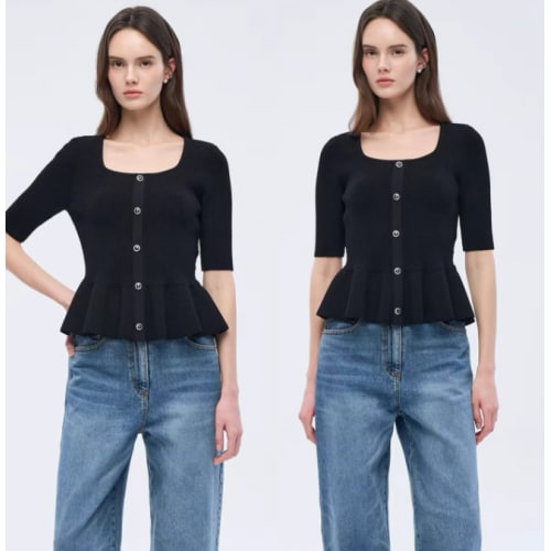 韩单OBZ*韩国针织衫女韩系收腰针织衫女韩系短袖针织衫荷叶下摆 [交易快照]