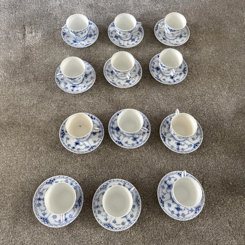 blue fulted set of 12 cups and saucers