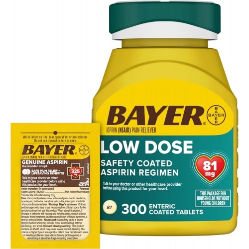 Bayer Aspirin 81mg Enteric Coated Tablets 300ct and 2 Count Travel Pack of Genuine Aspirin 325mg Coated Tablets