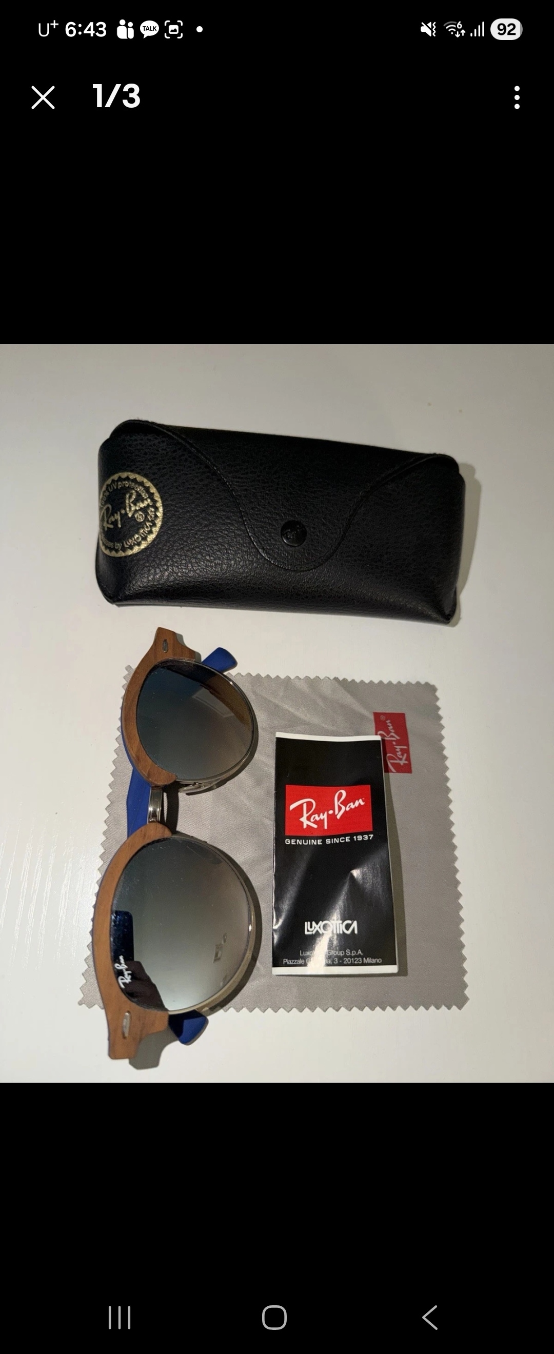 Ray-Ban Round Mirrored  Lens Brown Wood Blue Rubber with Case and Cloth