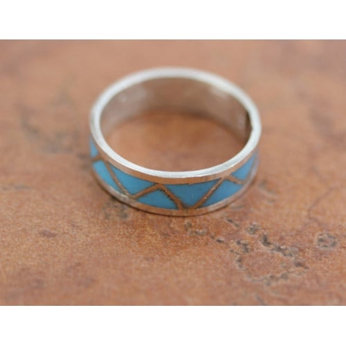 Navajo Silver Turquoise Wedding Ring Size 8 1/2