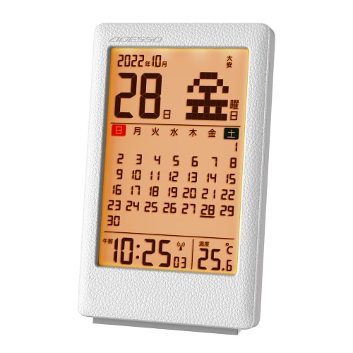 ADESSO(アデッソ) 電波時計 カレンダー 温度計 アラーム 目覚まし コンパクト 多機能 見やすい シンプル 革風 正確 置き時計 デジタル 卓上 オフィス 書斎 学校 寝室 ホワイト 非売品ステッカー付属