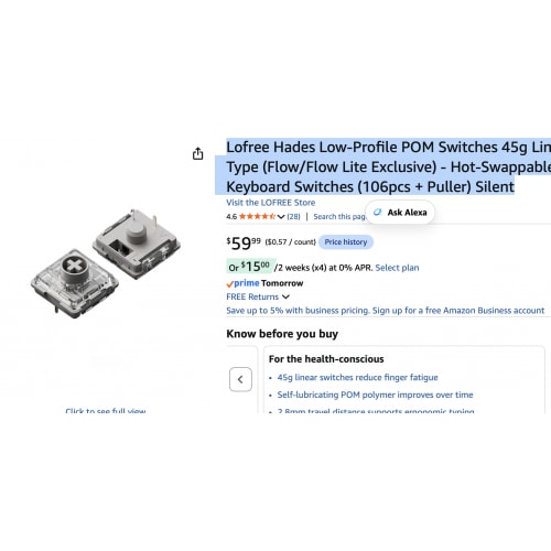 Lofree Hades Low-Profile POM Switches 45g Linear Type (Flow/Flow Lite Exclusive) - Hot-Swappable Keyboard Switches (106pcs + Puller) Silent