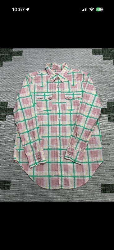 Shirt Mens Large Pink Green White Cotton Pearl Snap