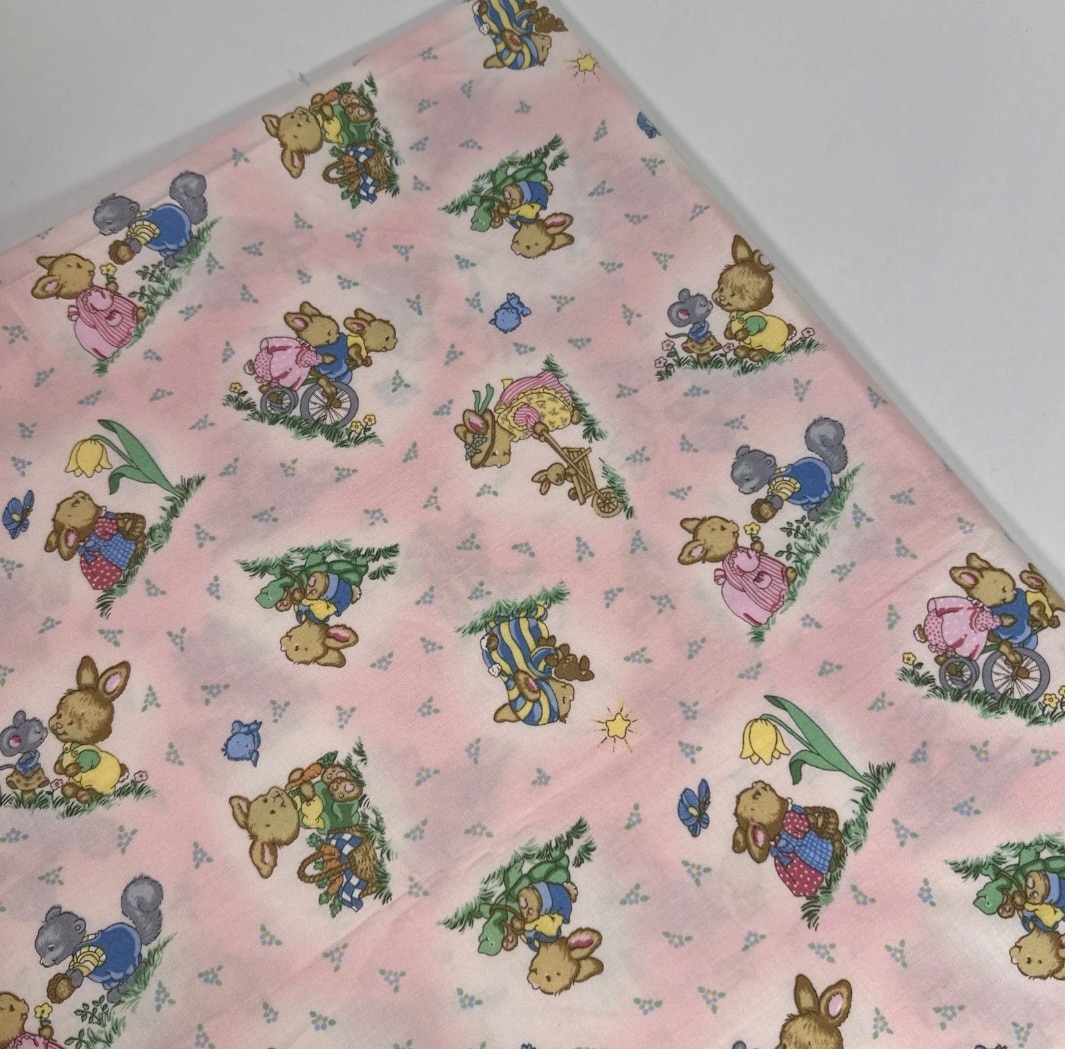 1+ Yard Bunny Tales Linda Hohag for Chanteclaire Bunnies on Pink Cotton Fabric