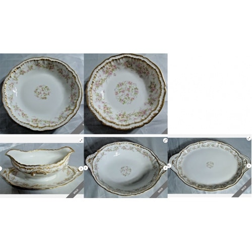 Used Porcelain 12Soup bowls,6Berry Bowls,Gravy boat,Vegetable Bowl,2Platters