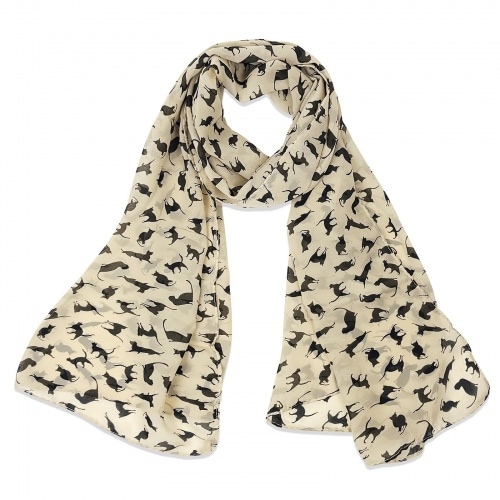 Wrapables Womens Lightweight Cat Print Chiffon Long Scarf, Beige
