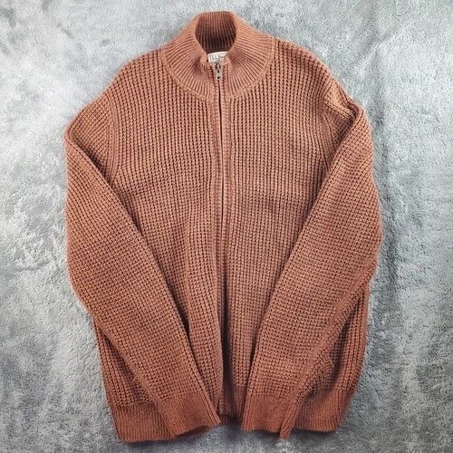 Vintage LL Bean Sweater Mens L Brown Waffle Knit Full Zip Organic Cotton Casual 508221