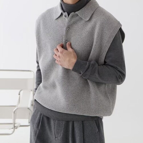 남성 민소매 조끼 터틀넥 스웨터 니트 조끼 - M_그레이