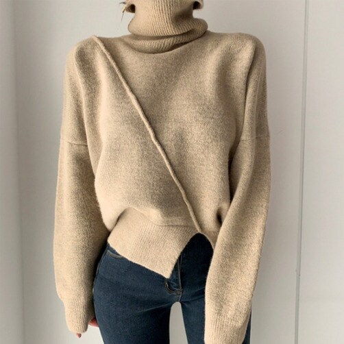 빈티지 긴팔 니트 터틀넥  스웨터 - 베이지