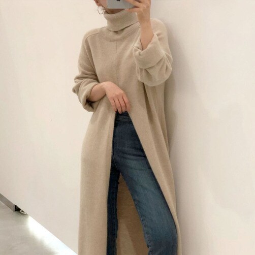 가을 겨울 터틀넥  롱 니트 스웨터 - 베이지