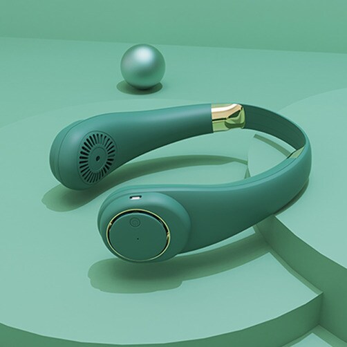 USB 충전 아웃도어 휴대용 미니 무엽식 목걸이 선풍기 - 그린