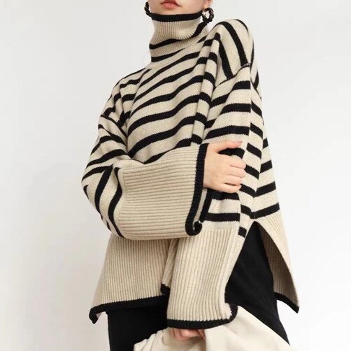 스트라이프 터틀넥 니트 스웨터 여성패션 - 디자인A(베이지)